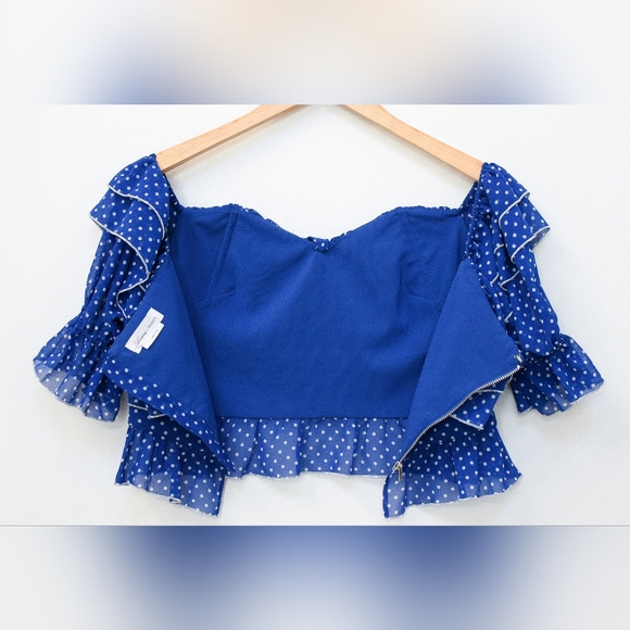 Lovers + Friends Reid Polka Dot Faux Corset Top Blue White Ruffle Size S Boho - Picture 8 of 11